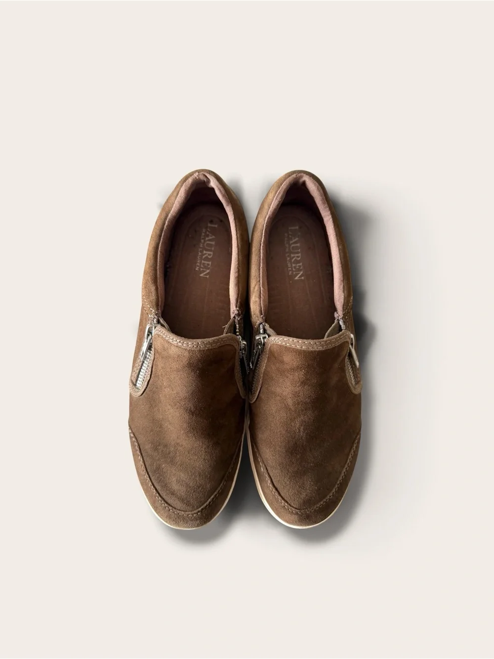Lauren Ralph Lauren Brown Suede Slip-On Sneakers with Side Zip